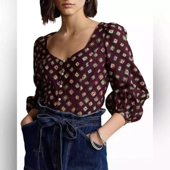 Ralph Lauren Polo NWOT Block-Print Linen Button-Front Top Burgundy Size 4 - Picture 1 of 6